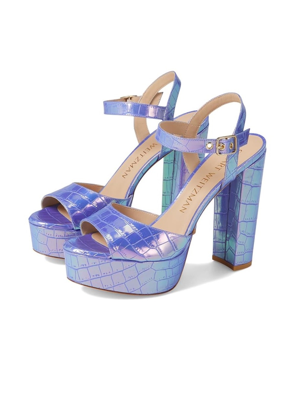 Stuart Weitzman Iridescent Lavender Blue Croc-Embossed Platform Sandal